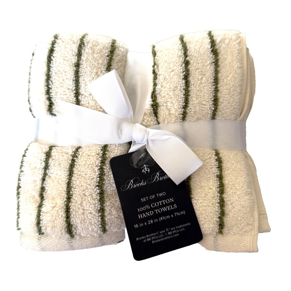 Brooks Brothers Hand Towels White Green Stripe Set of 2 Think Plush Luxury